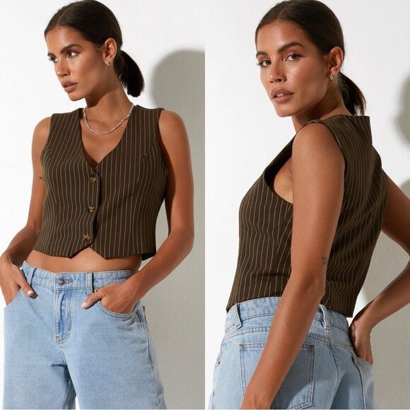 Motel Rocks Brown White Pinstripe Safar Vest Sz S Indie Grunge Bohemian Trendy - Picture 1 of 6